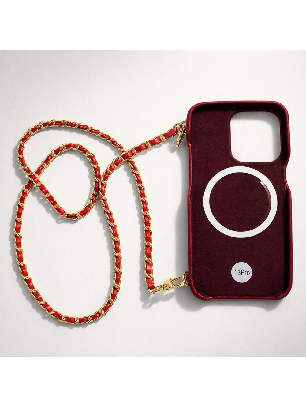 CHANEL Quilted Red Leather Phone Case with Gold Chain Strap - Picture 3 of 5